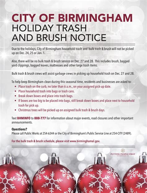 Check for holidays that may affect your WM trash or recycling services within the next 15 days. . Birmingham al garbage pickup holiday schedule 2022